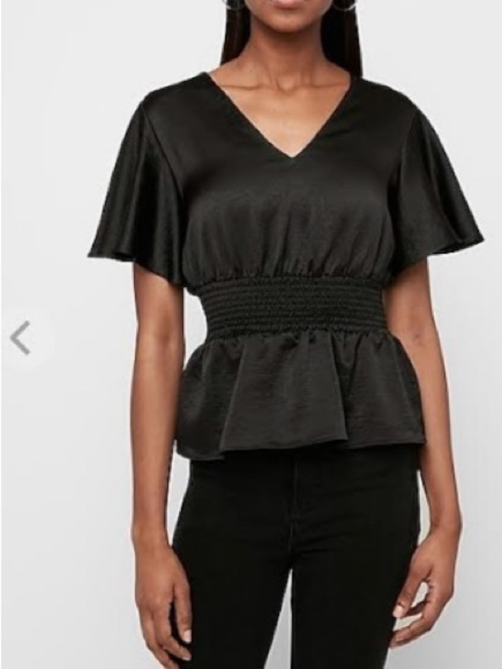 Express Black Smocked-Waist Textured V-Neck Peplum Top